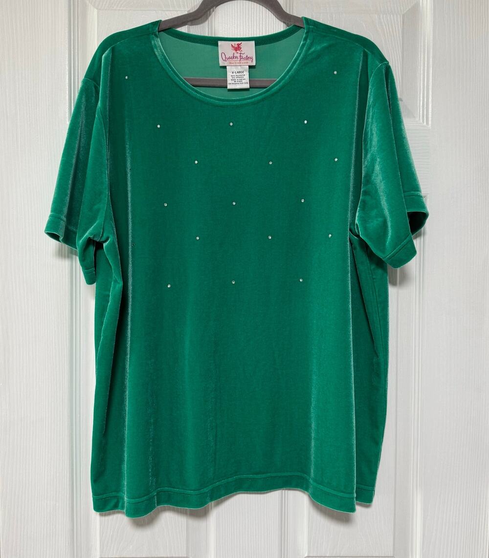 Quaker Factory Women's Green Velvet Embellished Top Size XL